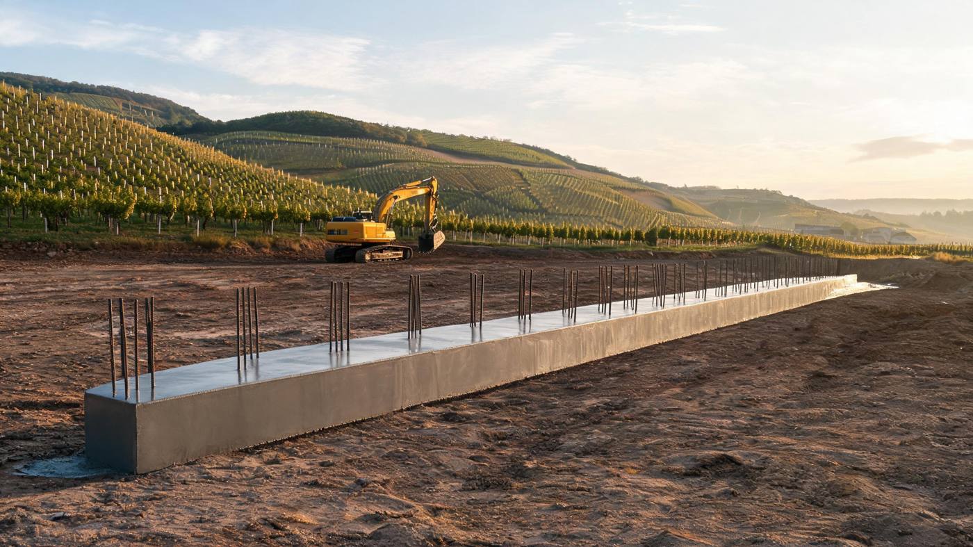 Frisch betoniertes Streifenfundament mit Anschlussbewehrung auf ebenem Baugrundstück