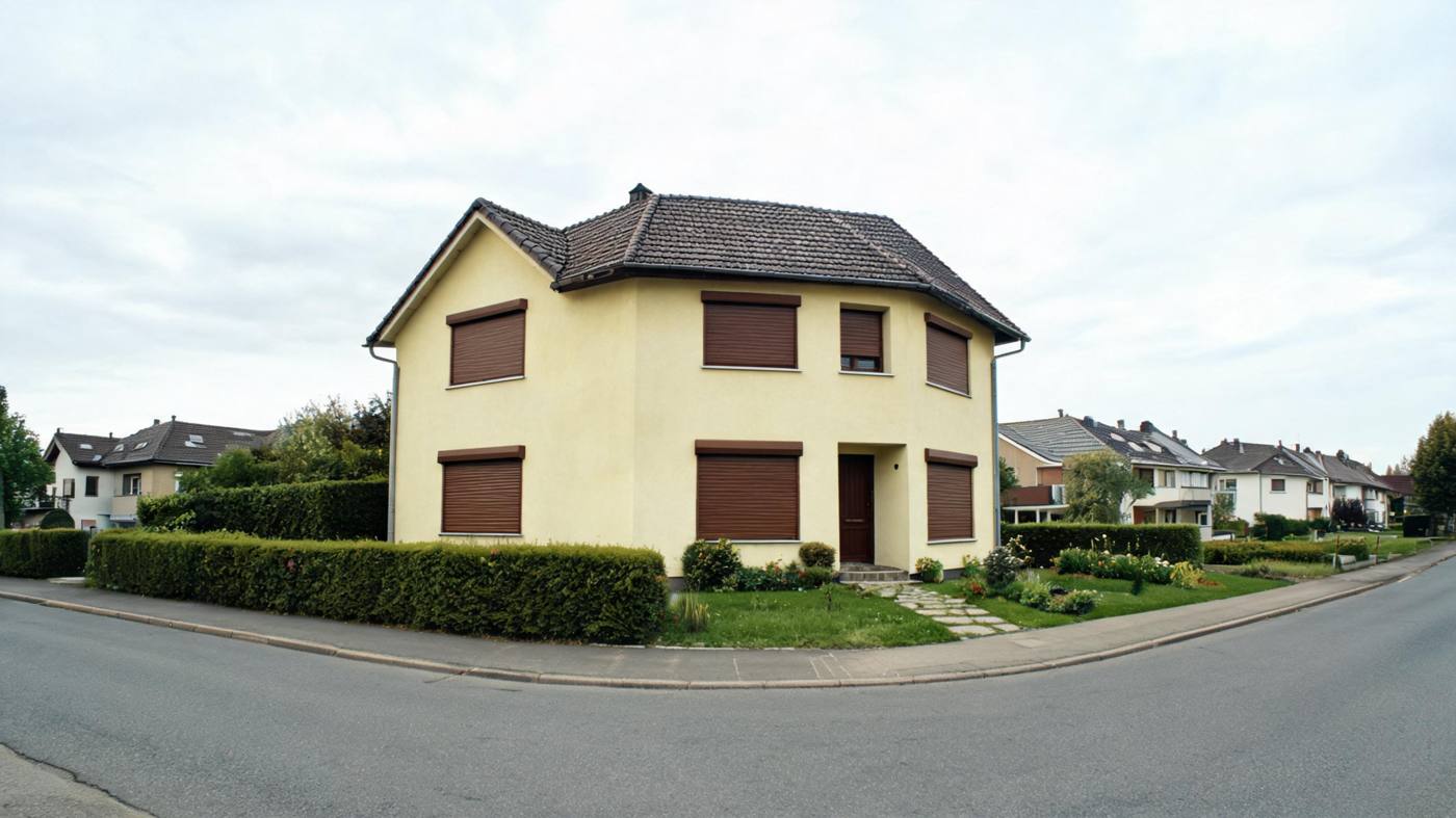 Einfamilienhaus der 1960er-Jahre mit gelbem Putz und Rollläden in flacher Wohnstraße