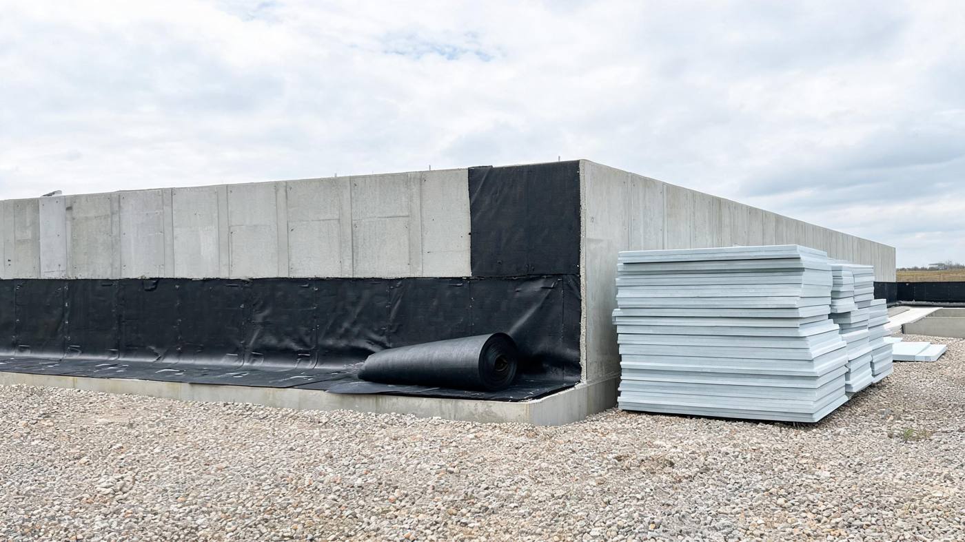 Abdichtung und Perimeterdämmung an der Kelleraußenwand eines Neubaus